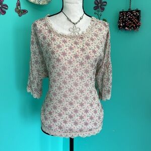 Free People Floral Semi Sheer Crochet Trim Bohemian Cottage core blouse